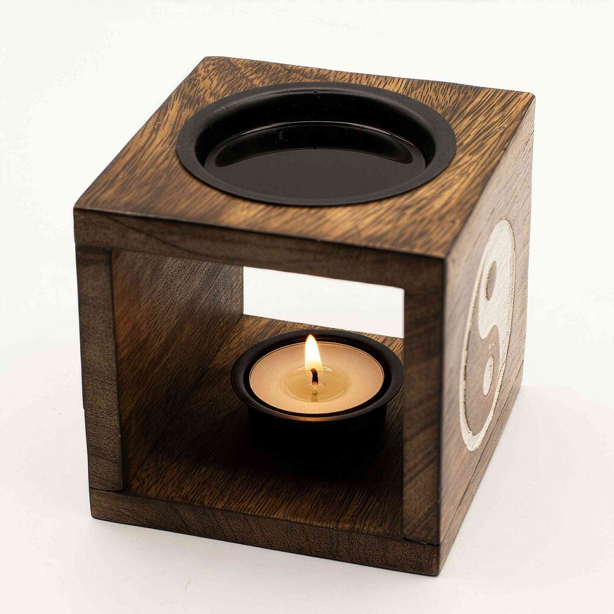 Quemador de aceite de madera de mango cuadrado - Yin Yang - aromaterapia artesanal decoracion | El Bazar de Tizar