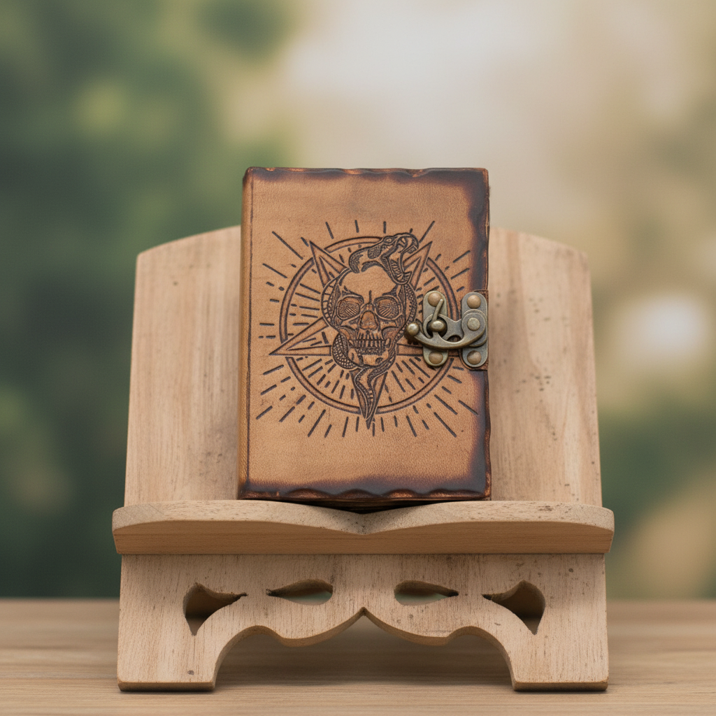 Cuaderno de Cuero Pentáculo y Calavera · Hojas Quemadas