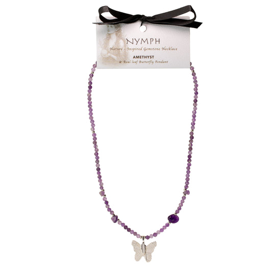 Collar de amatista con gema y colgante de mariposa hecho de hoja real - Collares de gemas ninfa - Colgante de mariposa con ho