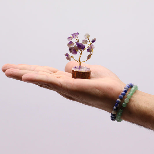 Mini árbol de piedras preciosas sobre base de madera - Amatista (15 piedras) - Mini Árboles De Piedras Preciosas