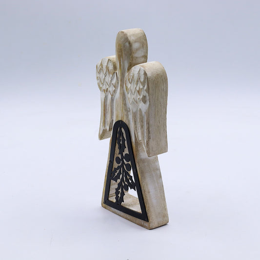 Ángel de madera de mango - acabado lavado blanco con recorte decorativo de hierro