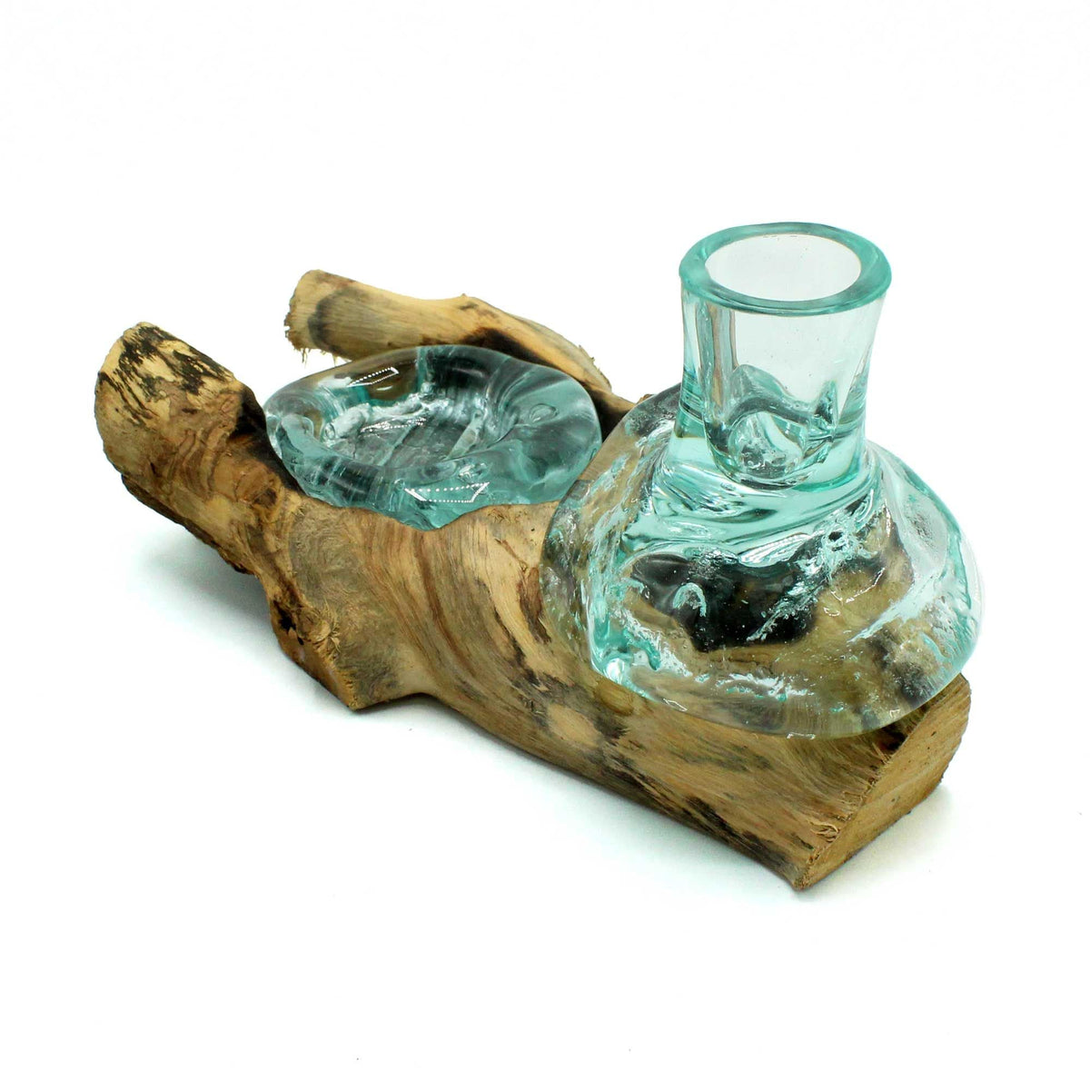 Small fused glass vase and wooden candle holder