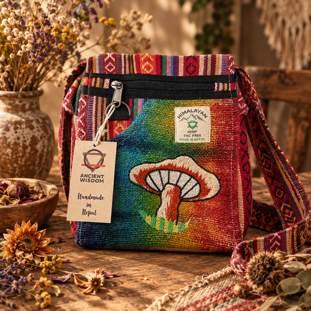Hemp Embroidered Party Bag - Orange Mushrooms
