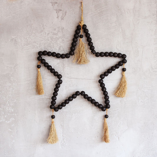 Móvil Decorativo Estrella · Rafia y Cuentas de Madera de Pino