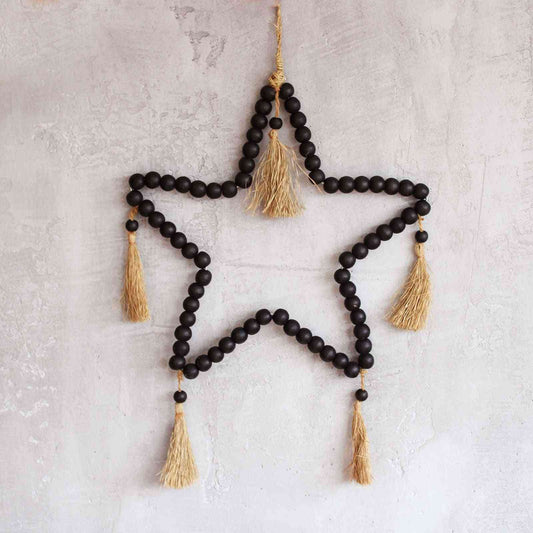 Móvil Decorativo Estrella · Rafia y Cuentas de Madera de Pino - artesanal bohemio boho-chic | El Bazar de Tizar