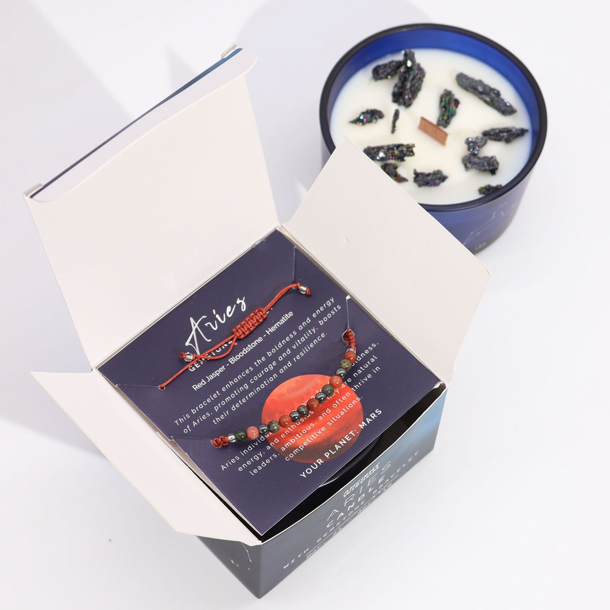 Vela de Cristal del Zodiaco con Pulsera de Piedras Preciosas - Aries - Velas de cristal del zodiaco con brazalete de piedras