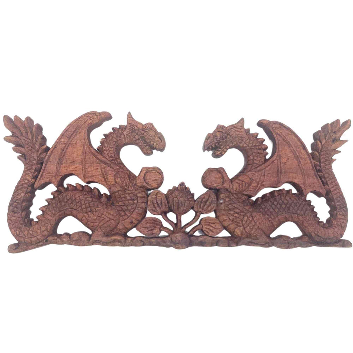 Panneau en bois sculpté - Deux dragons face à face - 40x15cm