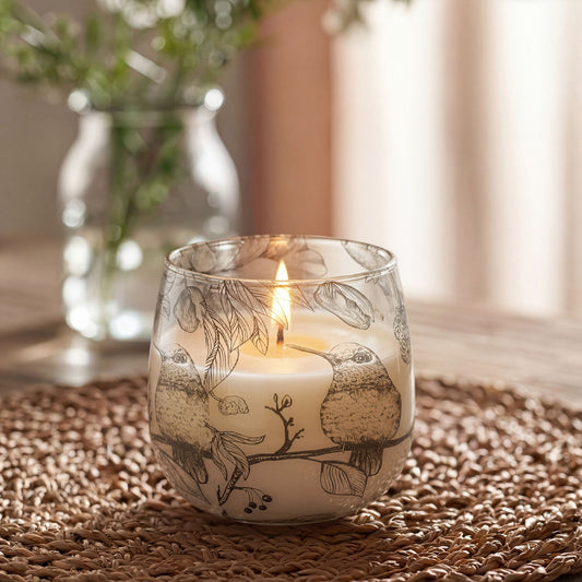 Velas en tarro de vidrio de tamaño mediano - Dibujadas por llama - Velas en tarros de vidrio, aves ilustradas