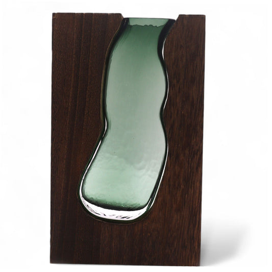 Large Glass Vase / Dark Tung Wood Terrarium - 18x5x32cm