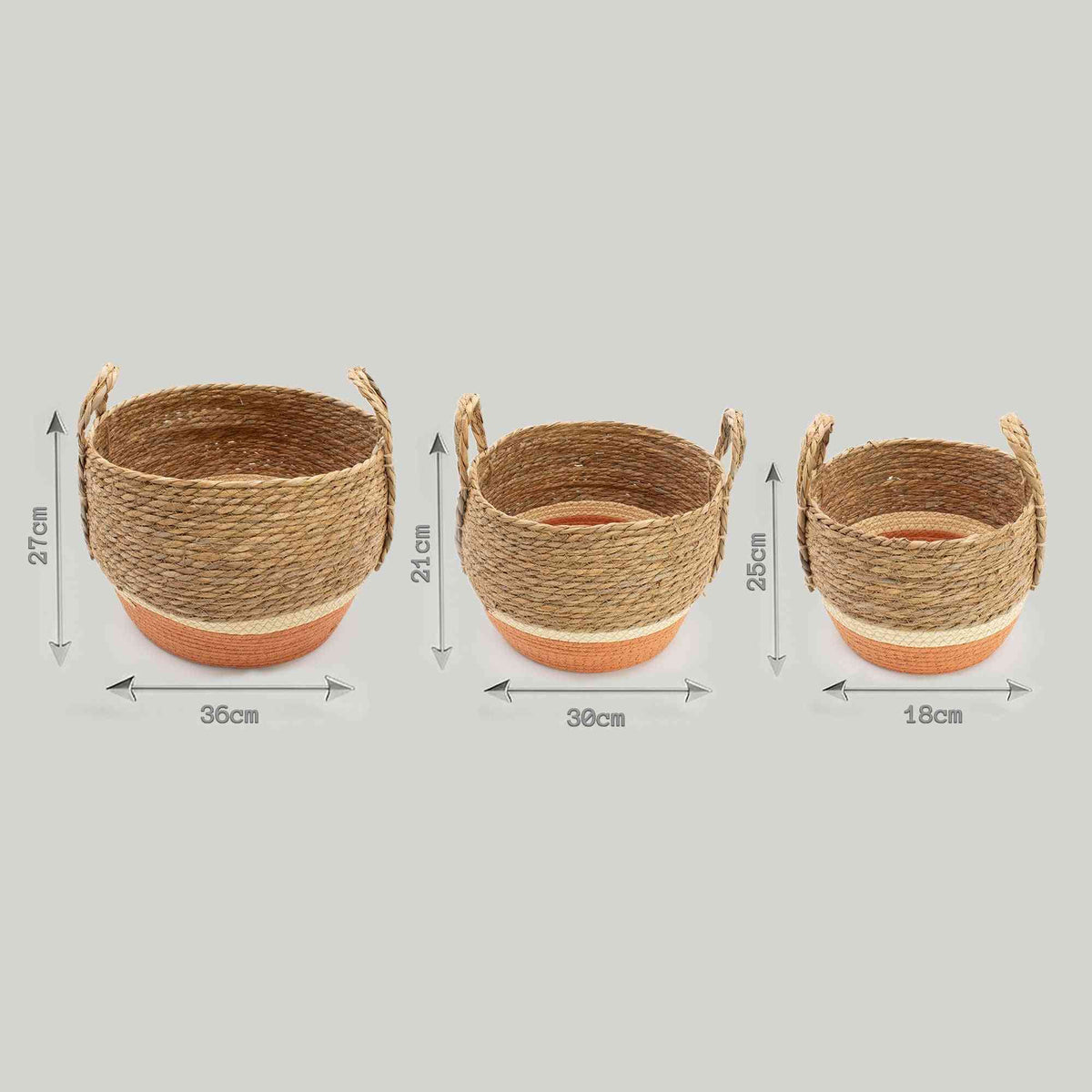 Large Straw and Seagrass Baskets - Natural and Orange - Set of 3