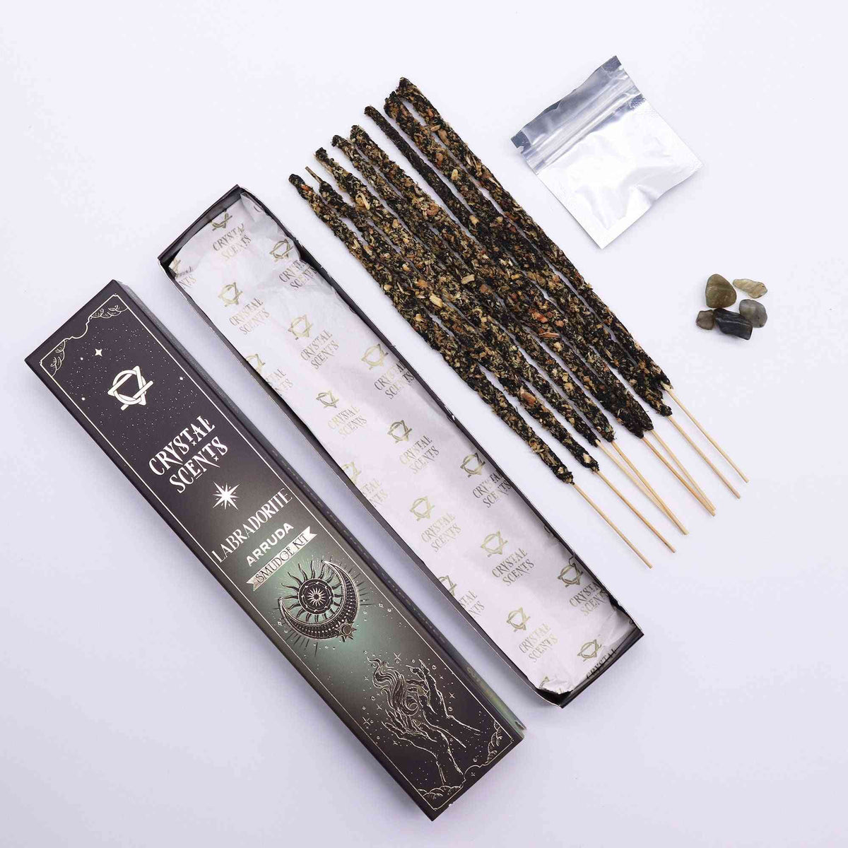 Cristal de Labradorita Aromas de Purificación Incienso - Ruda - Incienso Smudge de Crystal Scents, Artisan Product