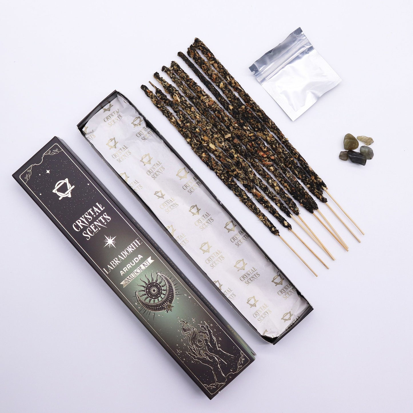 Cristal de Labradorita Aromas de Purificación Incienso - Ruda - Incienso Smudge de Crystal Scents, Artisan Product