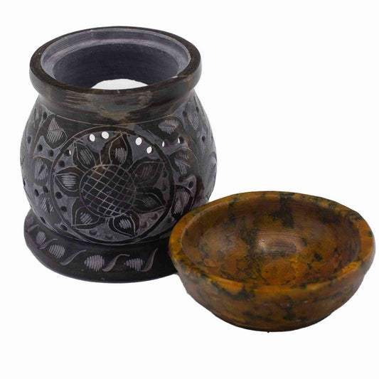Quemador de aceite de esteatita 10 cm - Flor de mandala - Negro y amarillo - Quemador de aceite de esteatita | El Bazar de Ti