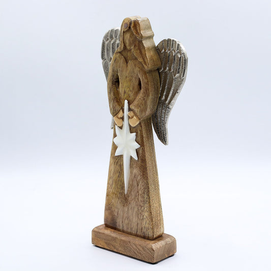 Gran Ángel de la Paz de Madera de Mango, Alas de Metal y Detalle de Esmalte