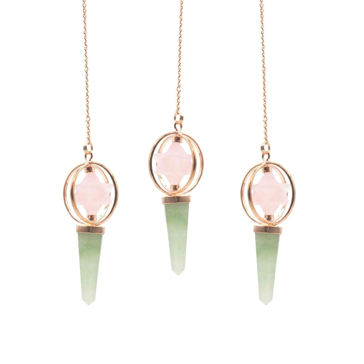 Brújula del Corazón - Estrella Merkaba giratoria de dos piezas en péndulo de cobre - cuarzo rosa y aventurina verde - Péndulo