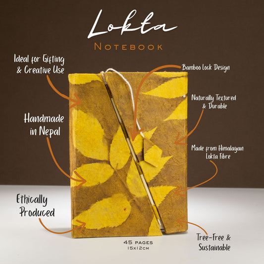 Lokta audaz floral bambú cuaderno con cierre – mediano (15x12 cm) – 45 hojas – marrón mostaza