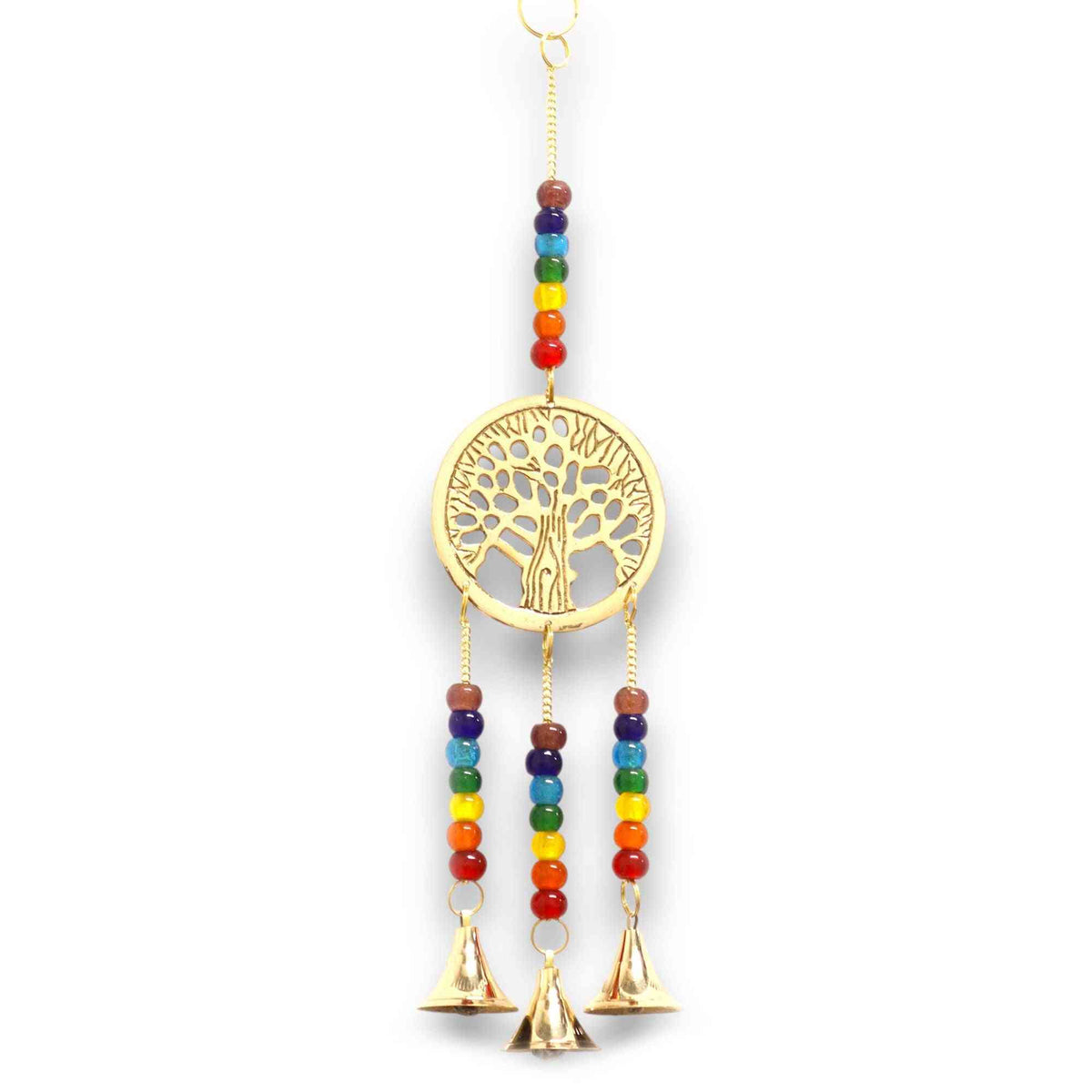 Carillons Indiens - Arbre de Vie en Laiton avec Perles Chakra - 3 Cloches - 6.5x31cm