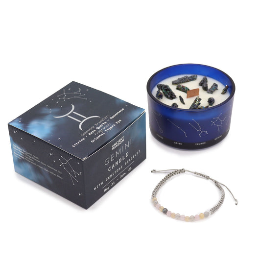 Vela de Cristal del Zodiaco con Pulsera de Piedras Preciosas - Géminis - Velas de cristal del zodiaco con brazalete de piedra
