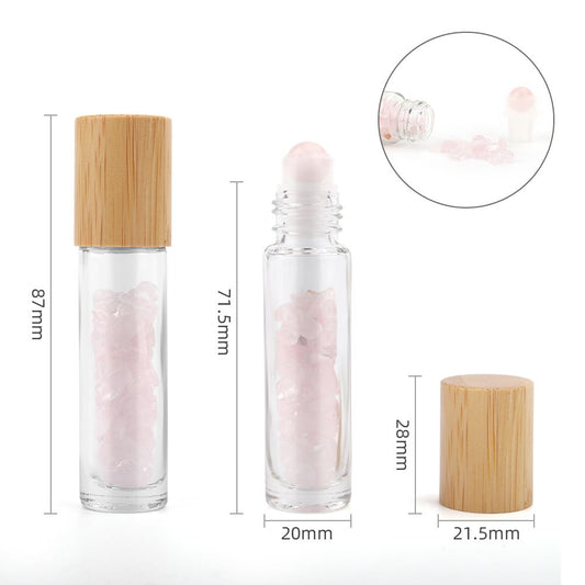 Botella de rodillo de aceite esencial de piedras preciosas - Cuarzo rosa - Tapa de madera - Botellas Roll-on con gemas 10ml