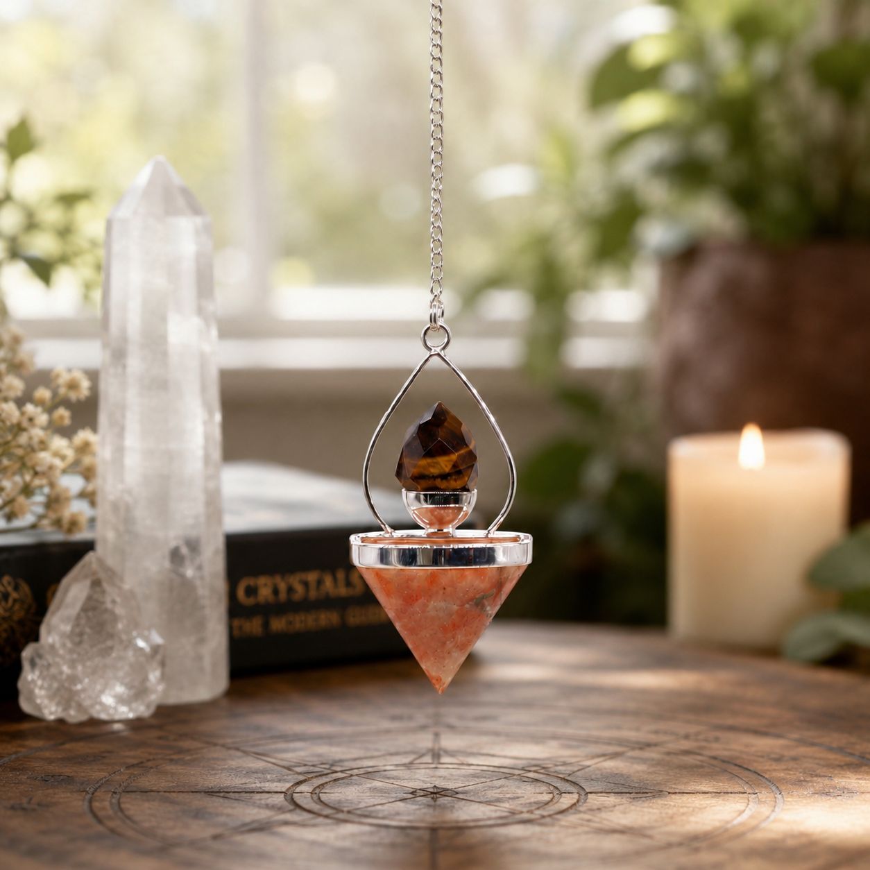 Gemstone Lantern of Life Pendulum - Sunstone & Tigereye - Péndulos Especiales Mágicos
