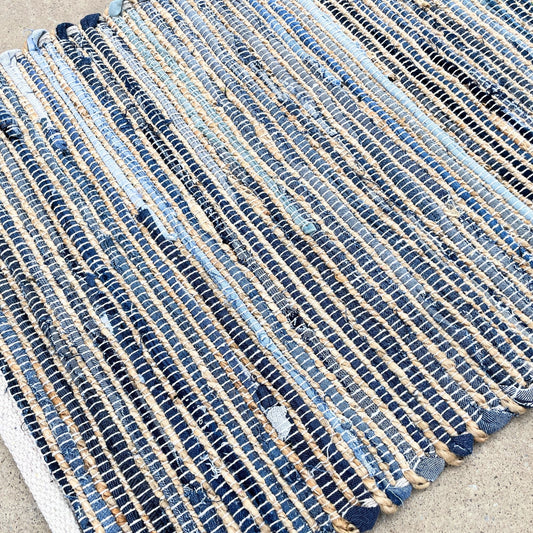 Alfombra pequeña de yute de algodón reciclado - 50x90cm - Azul - Alfombras redondas de yute, algodón reciclado, 50x90