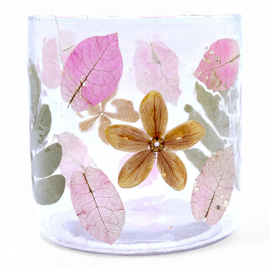 Portavelas recto de Vidrio con flores naturales - Primavera - (8x8cm)