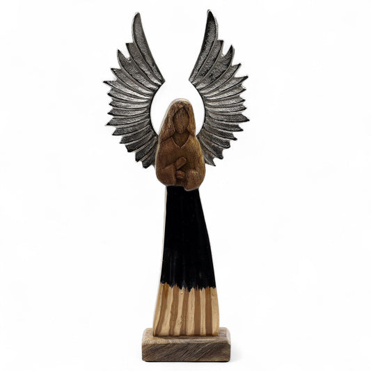 Ángel guardián de madera de mango grande, alas de metal y detalle esmaltado - Ángeles de madera de mango, Artisan Product