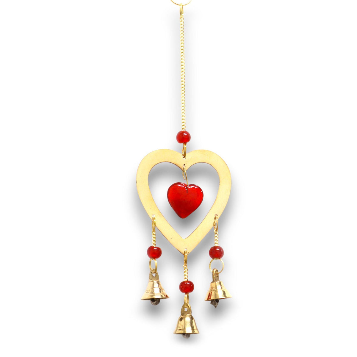 Indian Bells - Brass with ruby crystal heart beads - 3 bells - 6.5x24cm