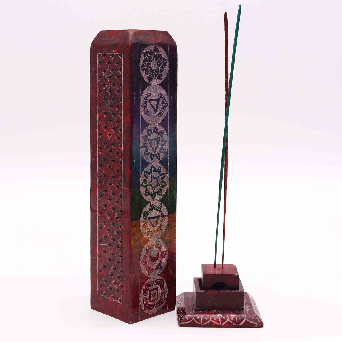 Porta-incienso Torre Cuadrada de Esteatita 25cm - 7 Charkras - Porta incienso de esteatita | El Bazar de Tizar