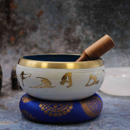 Juego de Cuenco Tibetano Lrg - Movimiento de Yoga - Blanco/Azul 14cm - Artículos Tibetanos, artesanal