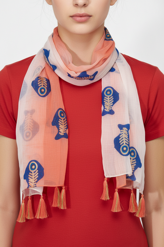 Bufanda Nomad Sari Aqua Fish – Coral (180x50 cm) - algodón boho chic bufanda verano | El Bazar de Tizar