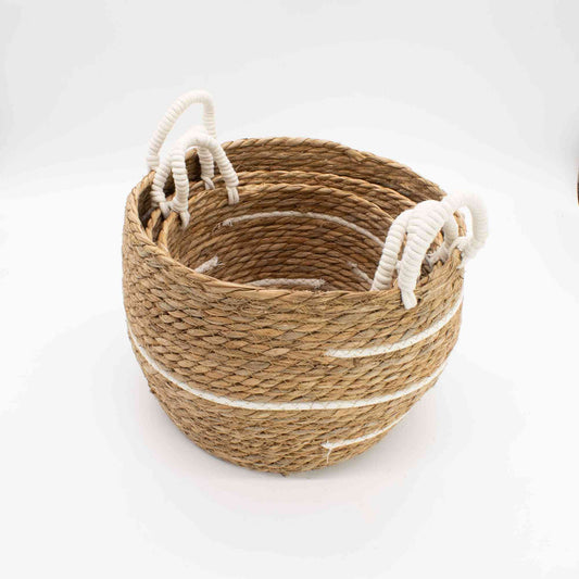 Grands paniers en coton et jonc de mer – Rayures naturelles – Lot de 3