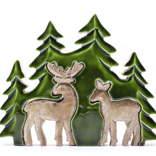 Perdido en el bosque - Dos ciervos en el bosque Decoración de madera 3D - 18x23cm