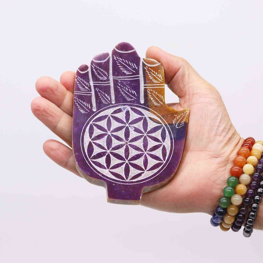 Porta-incienso Med Hamsa de Esteatita 13x9cm - Flor de la Vida - Porta incienso de esteatita | El Bazar de Tizar