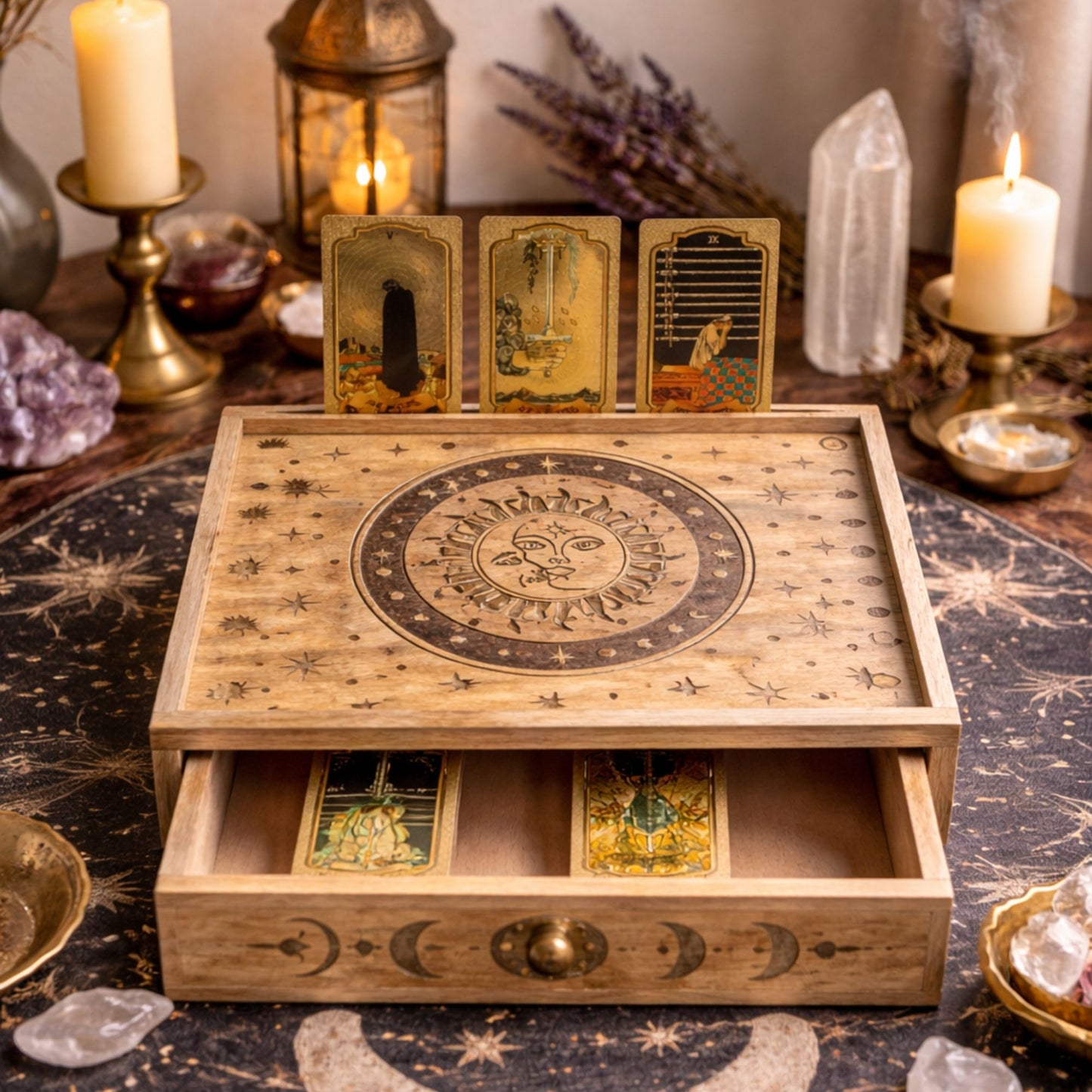 Caja de tarot tallada con Sol y Luna y cajón