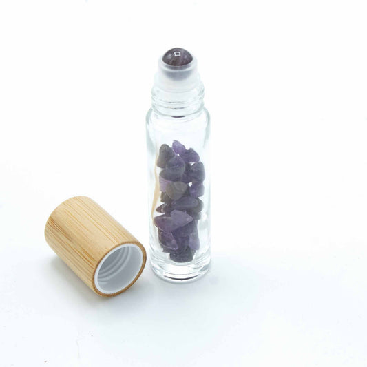 Botella de rodillo de aceite esencial de piedras preciosas - Amatista - Tapa de madera - Botellas Roll-on con gemas 10ml