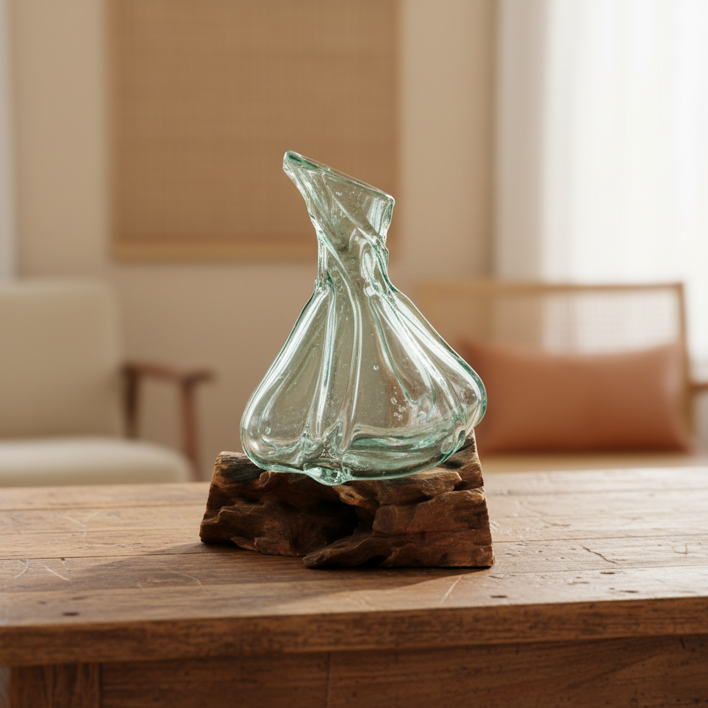 Mini decantador de vidrio fundido decorativo sobre una base de madera, 24 cm