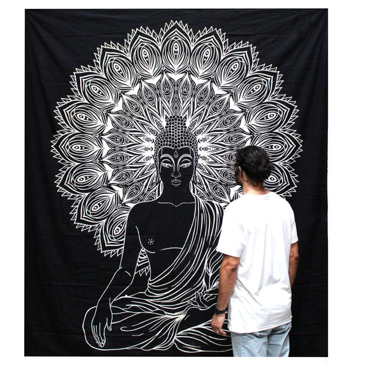 Jeté de lit double Coton N&B + Tapisserie - Bouddha