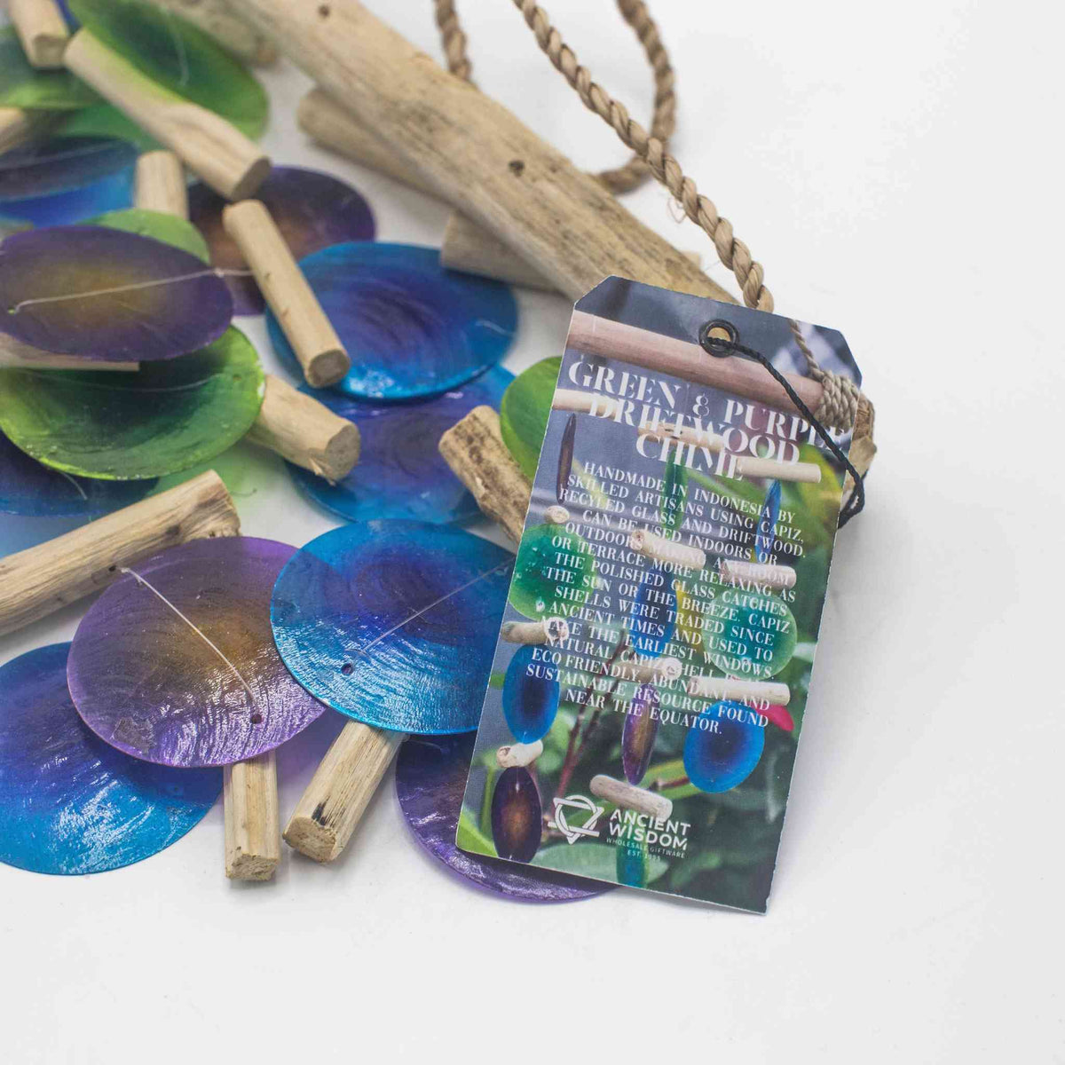 Carillón de madera flotante - Verde y morado - Carillón de madera | El Bazar de Tizar
