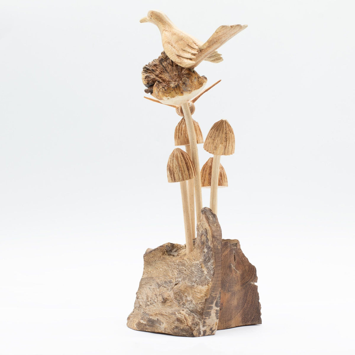 Sculpture d'art en bois parasite faite à la main - Oiseau et abeille sur des champignons