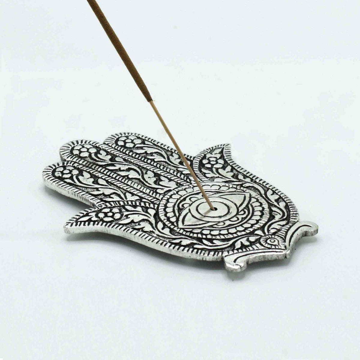 Porta-incienso Hamsa Aluminio Pulido 14cm - Portainciensos de aluminio hechos a mano