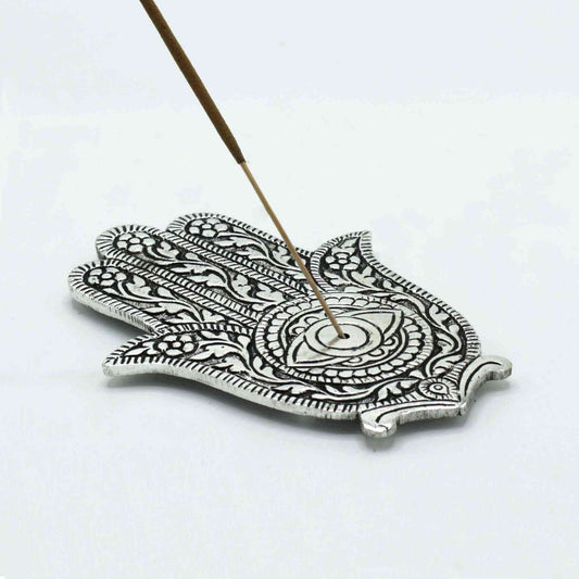 Porta-incienso Hamsa Aluminio Pulido 14cm - Portainciensos de aluminio hechos a mano
