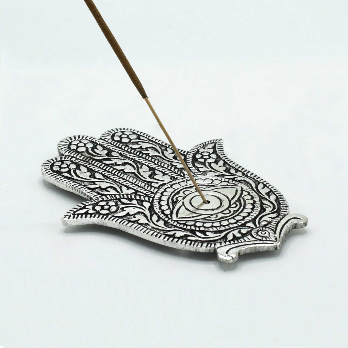 Porta-incienso Hamsa Aluminio Pulido 14cm - Portainciensos de aluminio hechos a mano