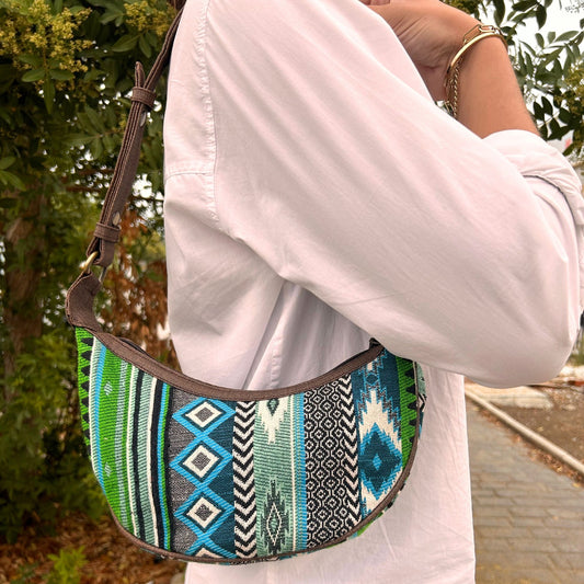 Bolso Hobo de Jacquard - Verdes Atrevidos (correa marrón) - Bolso de Mano Hobo de Jacquard