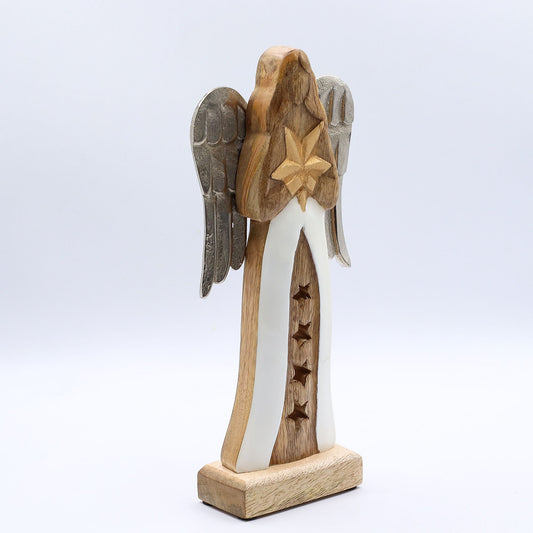 Gran estrella de madera de mango, alas de ángel metálicas y detalle esmaltado