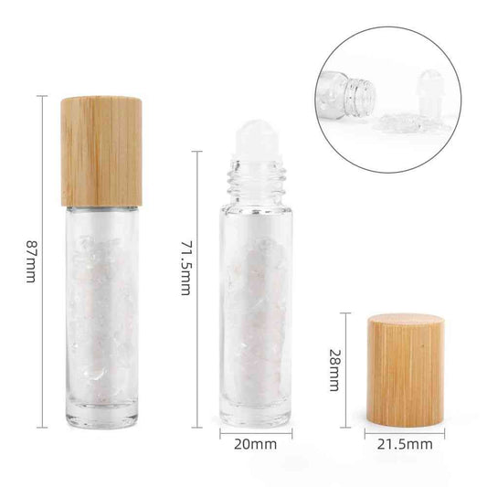 Botella de rodillo de aceite esencial de piedras preciosas - Cuarzo de roca - Tapa de madera - Botellas Roll-on con gemas 10m