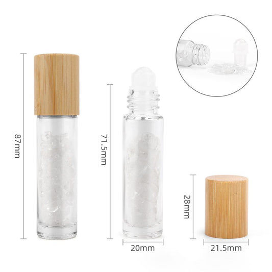 Botella de rodillo de aceite esencial de piedras preciosas - Cuarzo de roca - Tapa de madera - Botellas Roll-on con gemas 10m