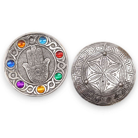 Porta-incienso Hamsa Siete Chakras 11.5cm - Portainciensos de aluminio hechos a mano
