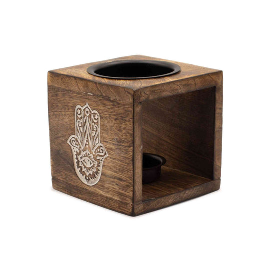 Quemador de aceite de madera de mango cuadrado - Hamsa - aromaterapia hamsa madera de mango | El Bazar de Tizar