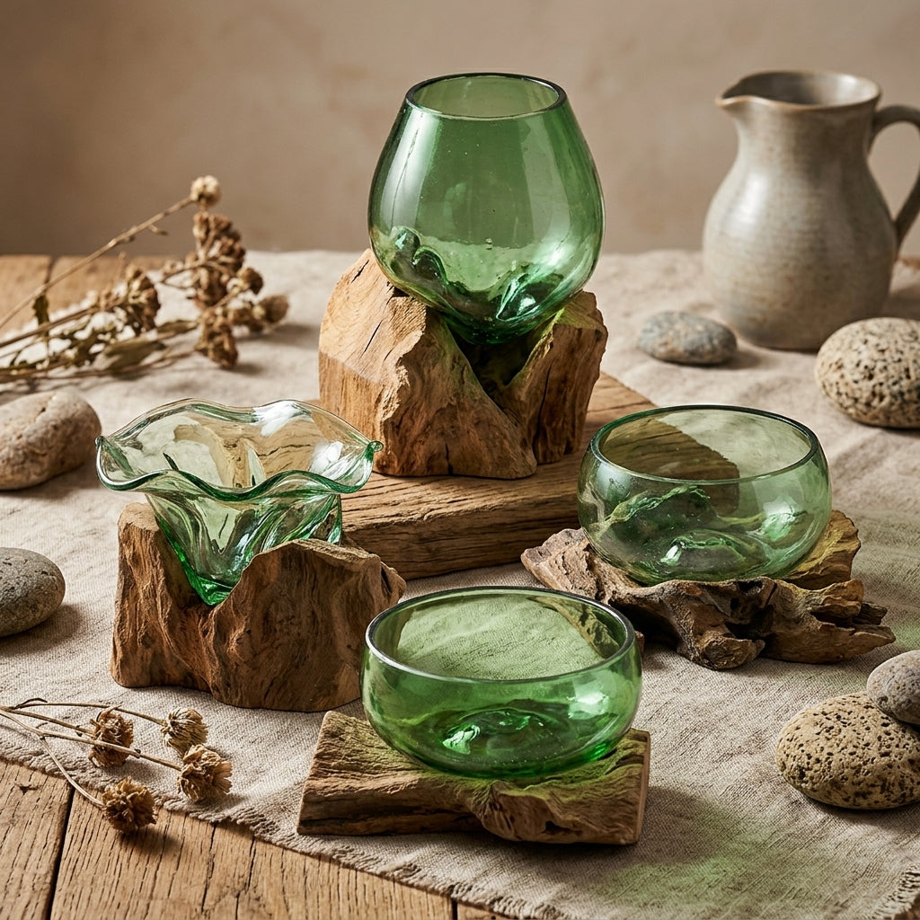 Vidrio reciclado soplado sobre madera
